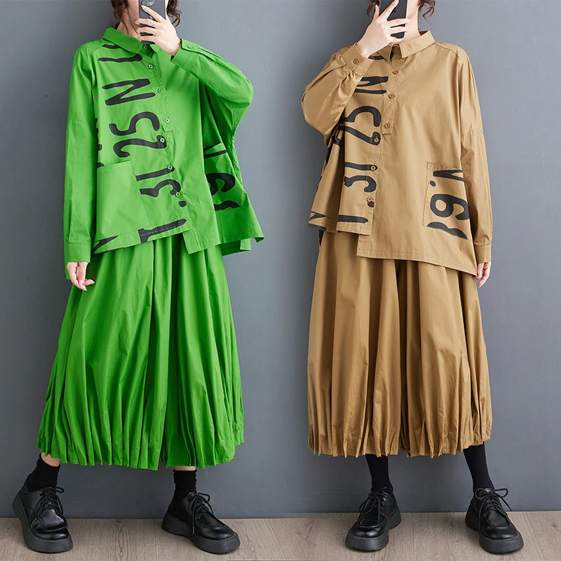 

Комплект одежды в стиле Харадзюку из 2 предметов, осенняя рубашка с буквами неправильной формы и штаны-шаровары с талией, Женская Новинка, повседневная одежда, комплект для женщин