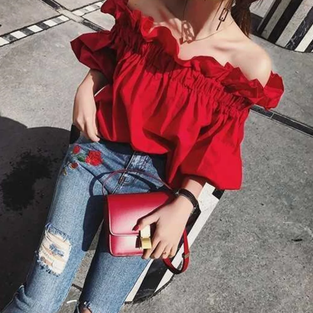 Red Off Shoulder Shirt And Blouse Women Bubble Sleeve New In Crop Top Sweet Casual Spring Summer Solid T-shirt Youthful Fashion