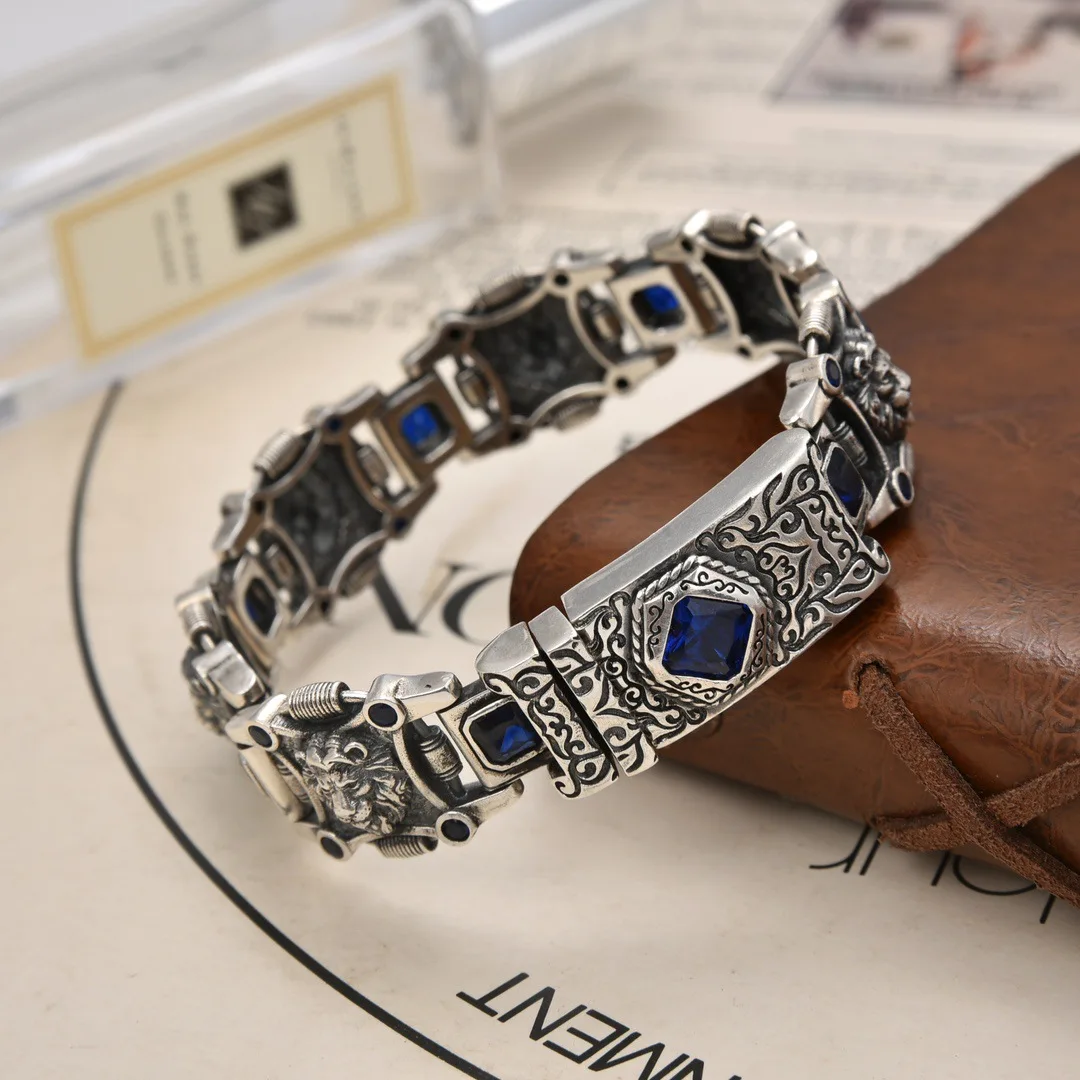 Löwenarmband mit blauem Diamanten im persischen Stil – S925 Sterling Silber