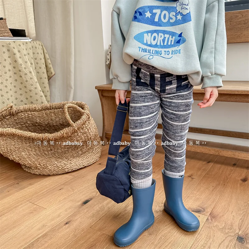 

2023 Autumn Winter Baby Girls Leggings Thick Warm Stripe Pants Kids Little Girl Plus Velvet Children's Trousers 1 To 7 Years