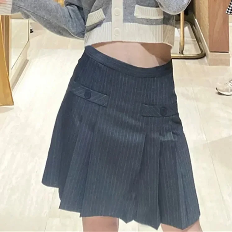 

Women Striped Skirt Pleated High Waist A-Line Elegant Summer 2024 Mini Jupe