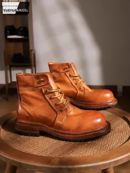 Handmade Horsehide Genuine Leather Boots Mens Vintage Platform Cargo High Top Shoes Lace Up Round Toe Motorcycle Short Boots Men