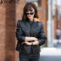 AYUNSUE Real Leather Jacket for Women 2023 Genuine Sheepskin Coat Standing Collar Short Leather Jackets Jaqueta Couro Feminina