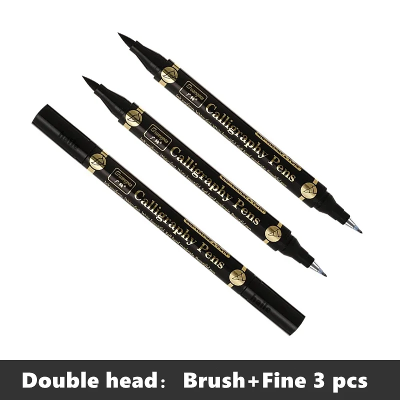Triple Pack Double-Ended Multifunction Brush Pen Set - Black Ink Calligraphy Art Markers in 4 Sizes
