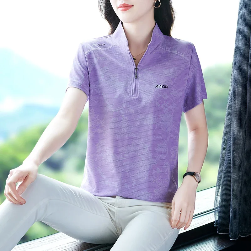 

Women Polo Summer Women's T-shirts Female Tee Short Sleeve Aesthetic Women's T-shirts Golf Wear Zipper Pulovers