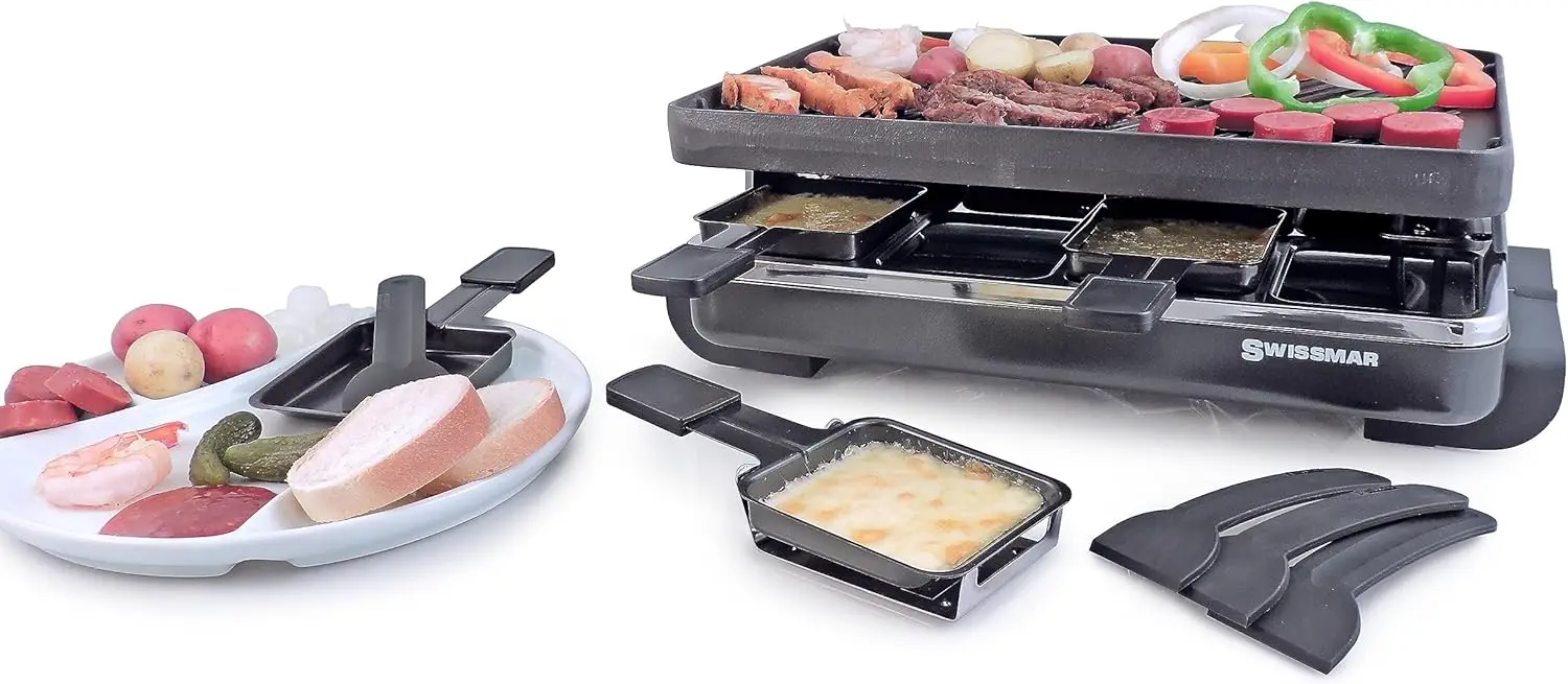 77040 Classic 8-Person Raclette with Reversible Cast Iron Grill Plate/Crepe Top, Black