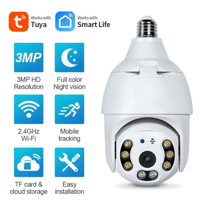 

2MP WIFI E27 Lamp Bulb IP Camera Night Vision PTZ Security Camera CCTV Video Surveillance Work with Tuya Smart Life