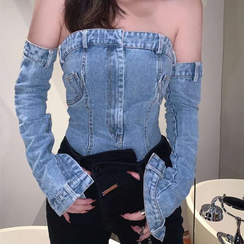 専用 vintage off shoulder belt denim top