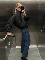 Blouson Bomber Noir Oversize pour Femme, Manches Bouffantes, Haut Drapé Croisé, Coupe Courte, Vêtement d'extérieur Décontracté, Collection Printemps Femme 3