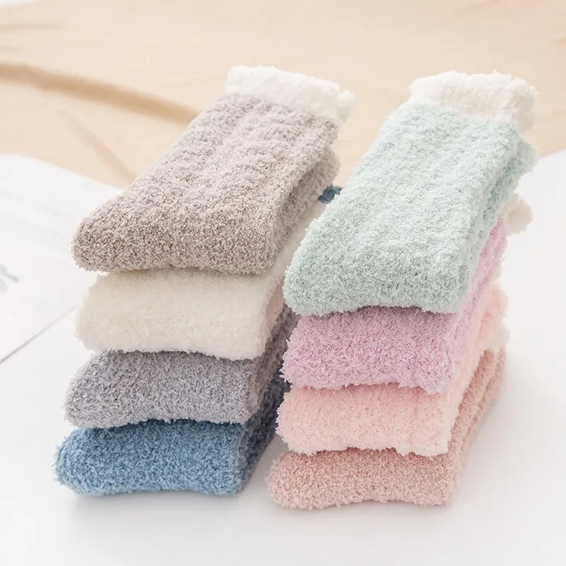 4 Pairs Women Winter Warm Thick Fuzzy Fluffy Home Slipper Socks Thermal Sleeping Socks Cute Soft Fashio