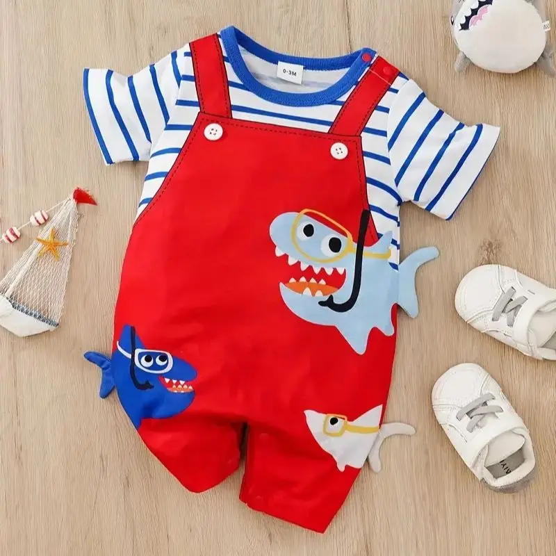 Baby Rompers Summer fashion baby jumpsuit short sleeved fake two-piece shark baby boy and girl jumpsuit