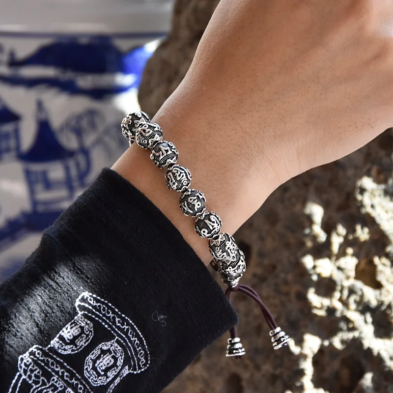 Real Solid 990 Silver Buddhist Bracelet Mens Mantra Beads Carved Six Words Om Mani Padme Hum For Tibetan Prayer Elastic Rope