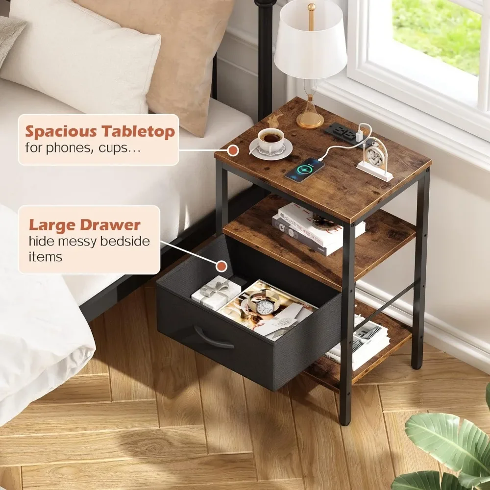 Nightstand Set of 2, Bed Side Tables with Charging Station, Adjustable Fabric Drawer, Night Stand for Bedroom 6