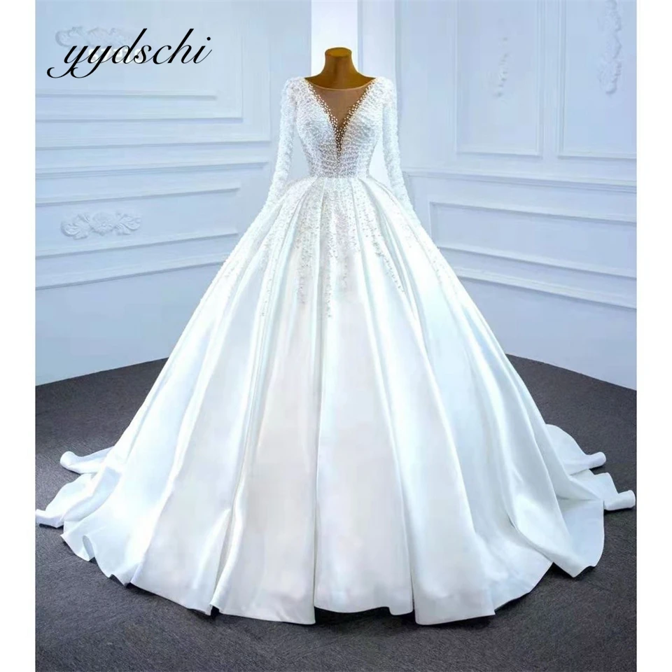 

Elegant O-Neck Satin Pearl Illusion Ball Gown Simple Wedding Dresses For Women 2024 Sweep Train Bride Gown vestidos de novia