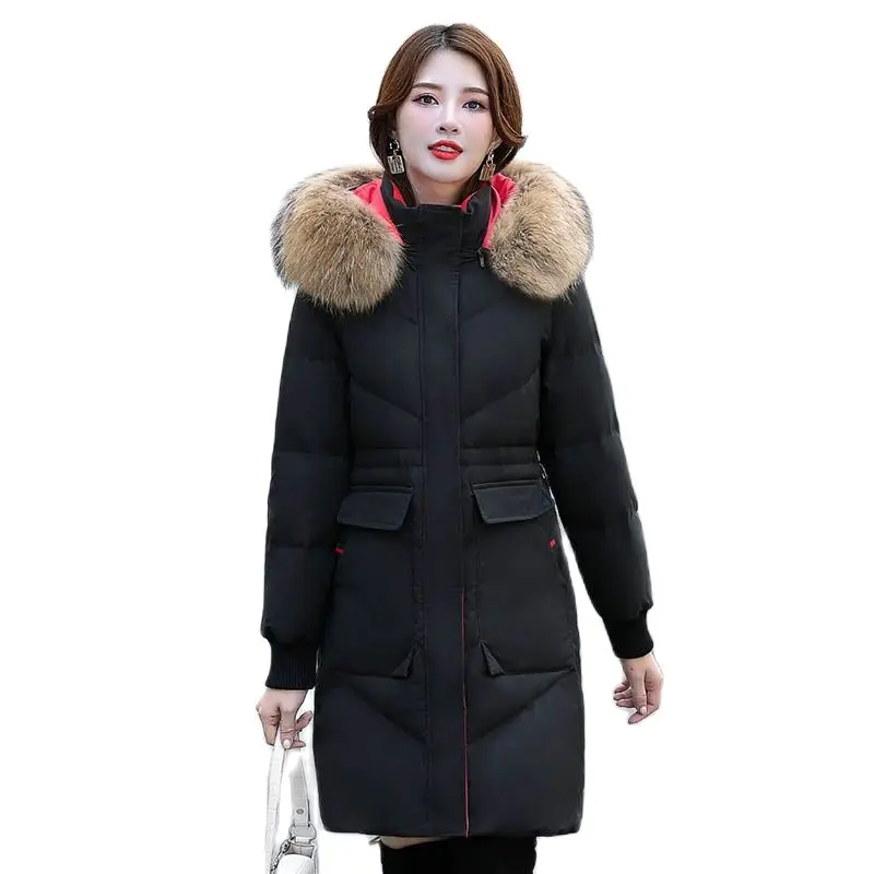 

True Taccoon Fur Collar Long Down Jacket Women Over The Knee 2022 New Fashion Loose White Duck Down Winter Hooded Warm Coat Wome