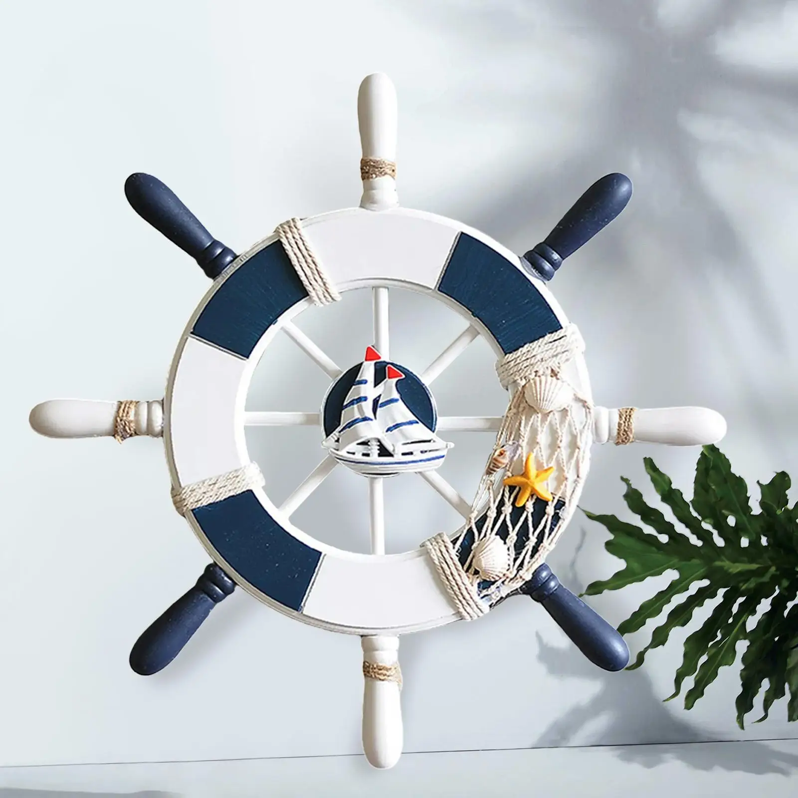Nautical Wood Ship Wheel Wall Hanging Navy Decor Rustic Beach House Decoration for Home Office