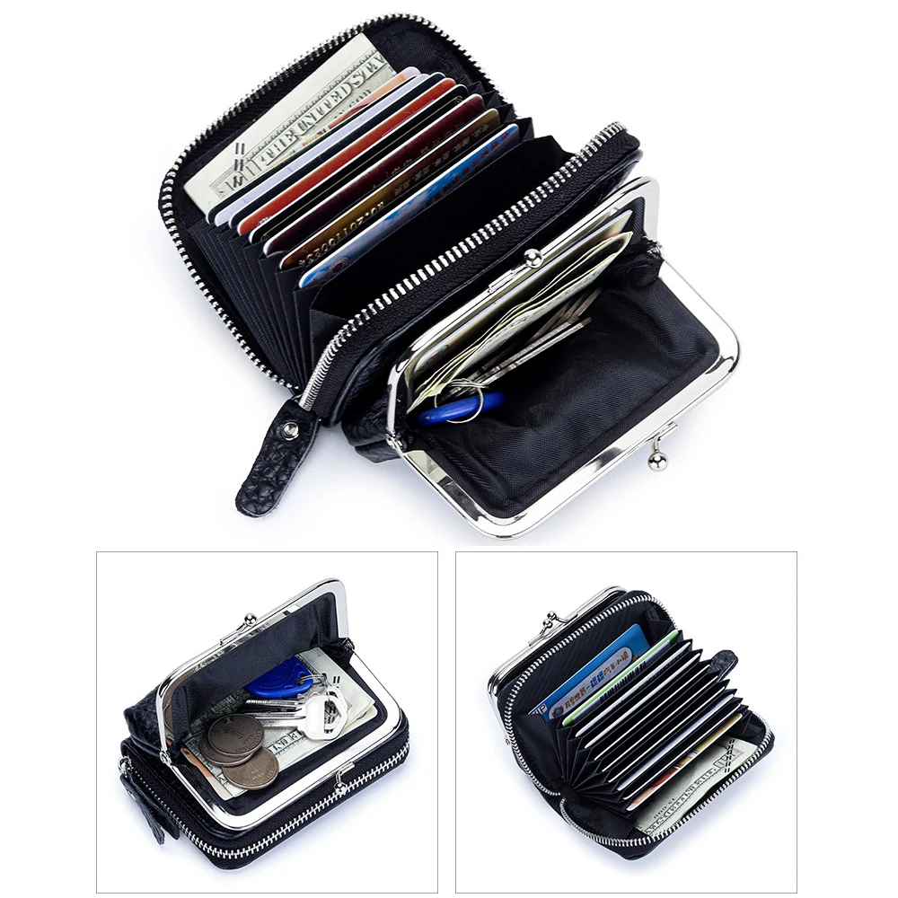 Leather Wallet for Women Luxury Short Women's Purse Card Holder with Kiss Closure Coin Clip Pocket Cards Case Dual-purpose Bag