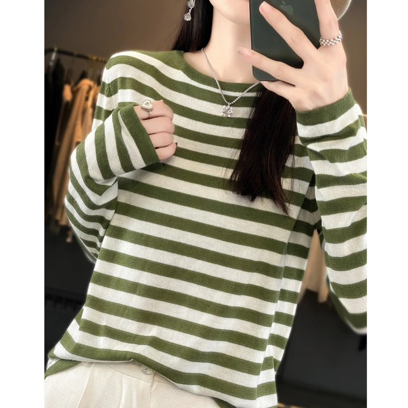 Women's Pullover Spring/Autumn Fine Faux Wool Sweater Casual Striped Knitwear Loose Ladies Tops Round Neck Basic Blouse