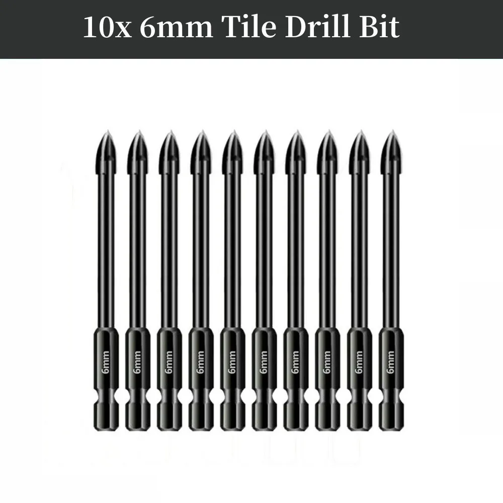 10pc 6mm Tungsten Carbide Cross Spear Head Drill Bit Hex Shank For Tile Porcelain Marble Ceramic Glass Brick Drilling Power Tool 10pcs 6mm cross ceramic triangular drill bit set tungsten carbide hex shank 74mm four edge for tile porcelain glass mirror tool