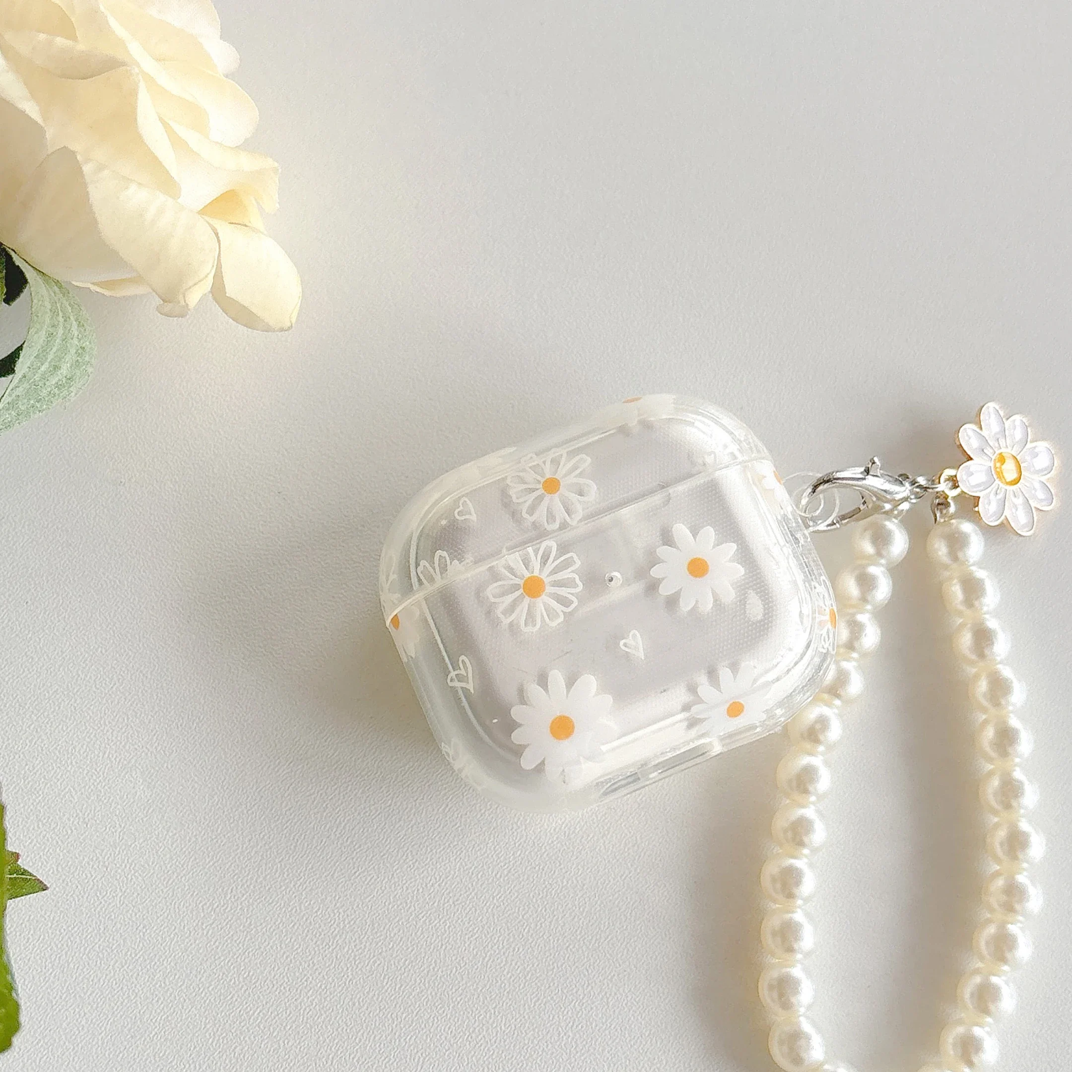 Floral TPU Bluetooth Earphone Cover with Imitation Pearl Chain