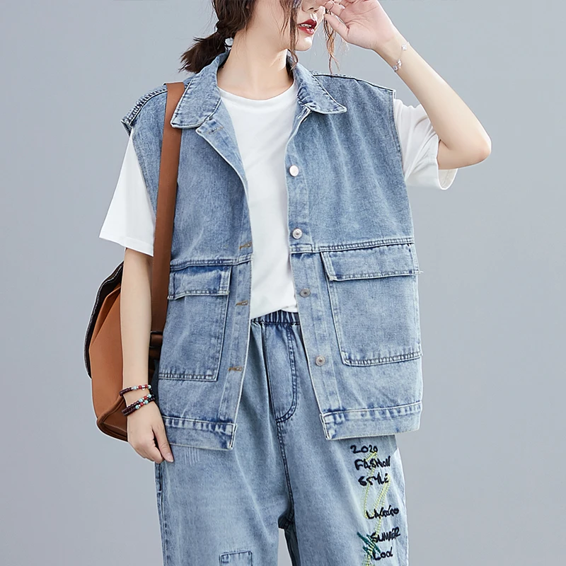 Women Denim Jacket Sleeveless Spring Loose Tops Solid Pockets Vest for Women Casual Coats
