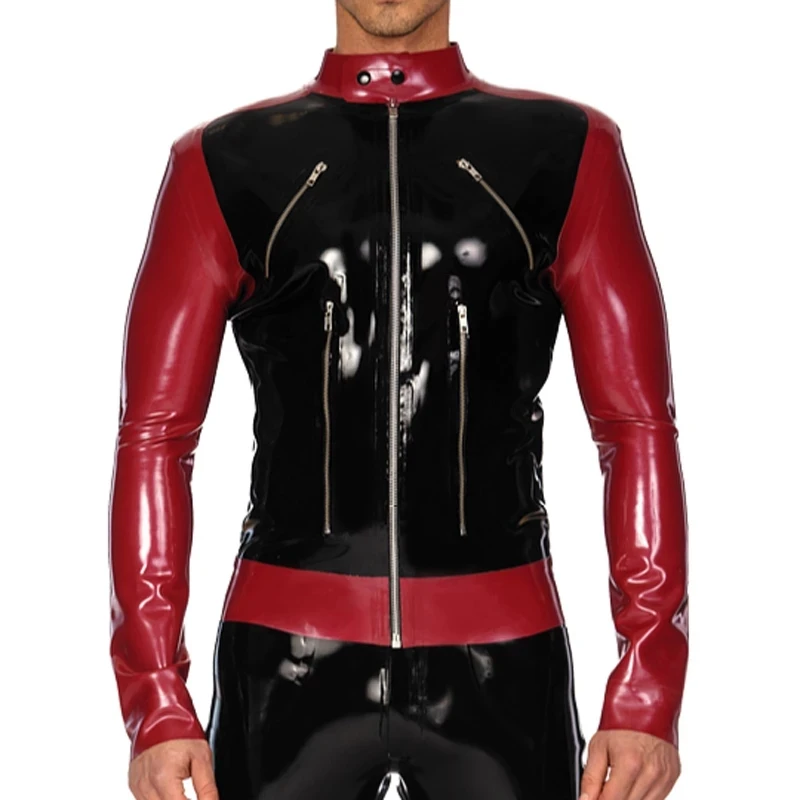 

Black And Metallic Red Latex Jacket With Zippers Hoodies Figure Trims Rubber Coat Top Clothes