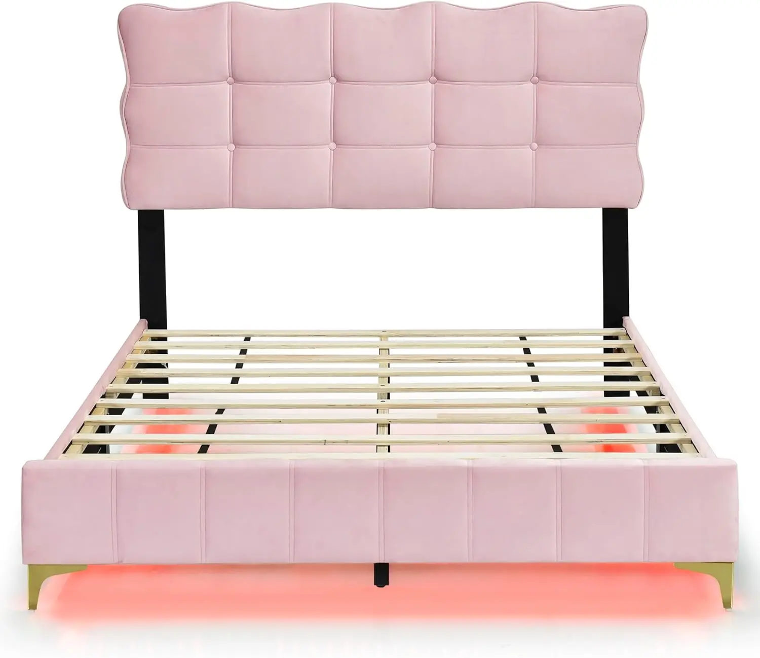 Full Size Velvet Platform Bed with Button Tufting Headboard, Wood Bed Frame with LED and Stylish Metal Bed Legs for Kids Boys 4