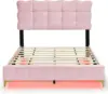 Full Size Velvet Platform Bed with Button Tufting Headboard, Wood Bed Frame with LED and Stylish Metal Bed Legs for Kids Boys 4