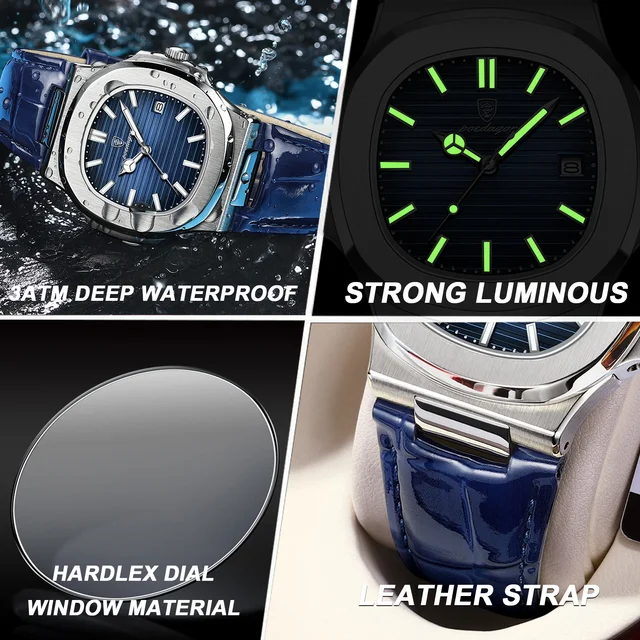 POEDAGAR haut de gamme homme montre Date étanche lumineux en cuir montres pour hommes de haute qualité carré hommes montre-bracelet à Quartz Reloj 4