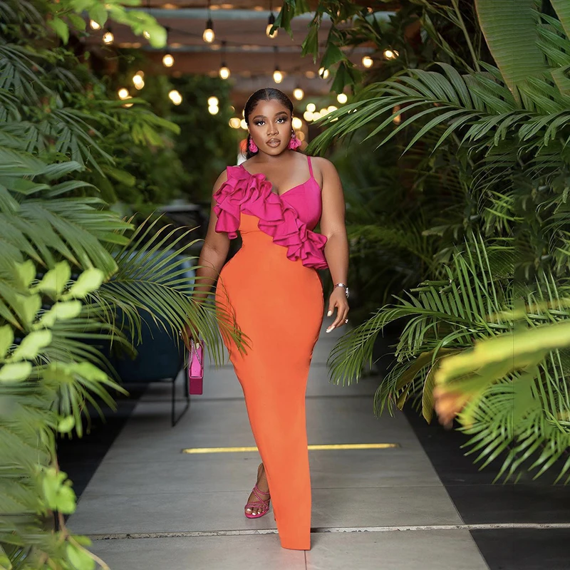 

2023 New Fashion Orange Color Women Sleeveless Sexy V-Neck Bodycon Long Bandage Dress Ruffles Nightclub Party Celebrate Dress