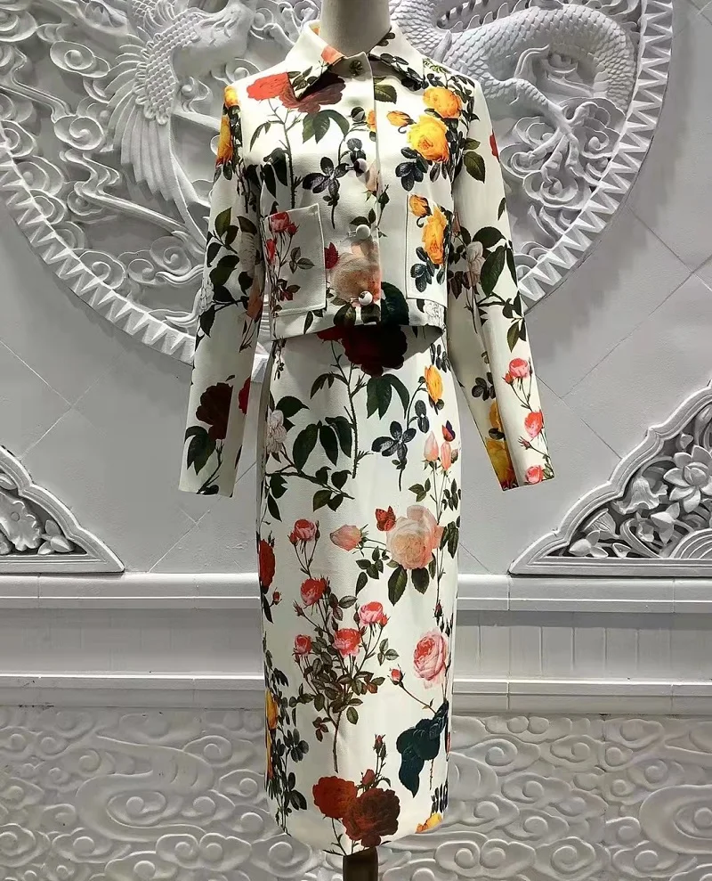 

Top Quality New Women's Set 2022 Autumn Winter Coat Suit Ladies Floral Print Long Sleeve Coat+Midi Pencil Skirt Suits Casual