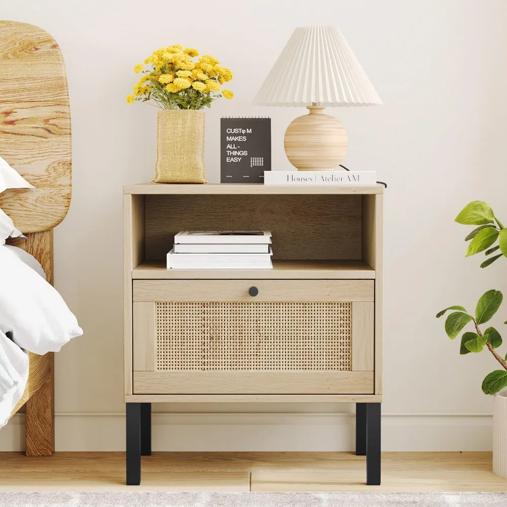Natural Rattan Nightstand Set of 2, End Table,Boho Bedside Table with 1 Hand Made Decorated Door for Living Room, Bedroom 6
