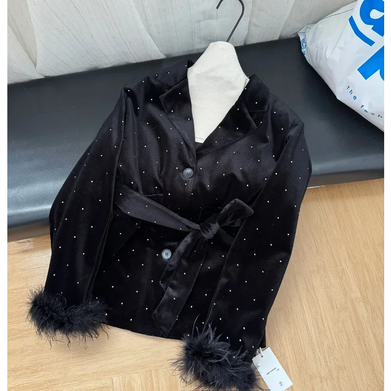 Flash Diamond Velvet Ostrich Feather Suit Jacket Women's Autumn  Winter Fashion Casual French High Street Quilted  Black Suits