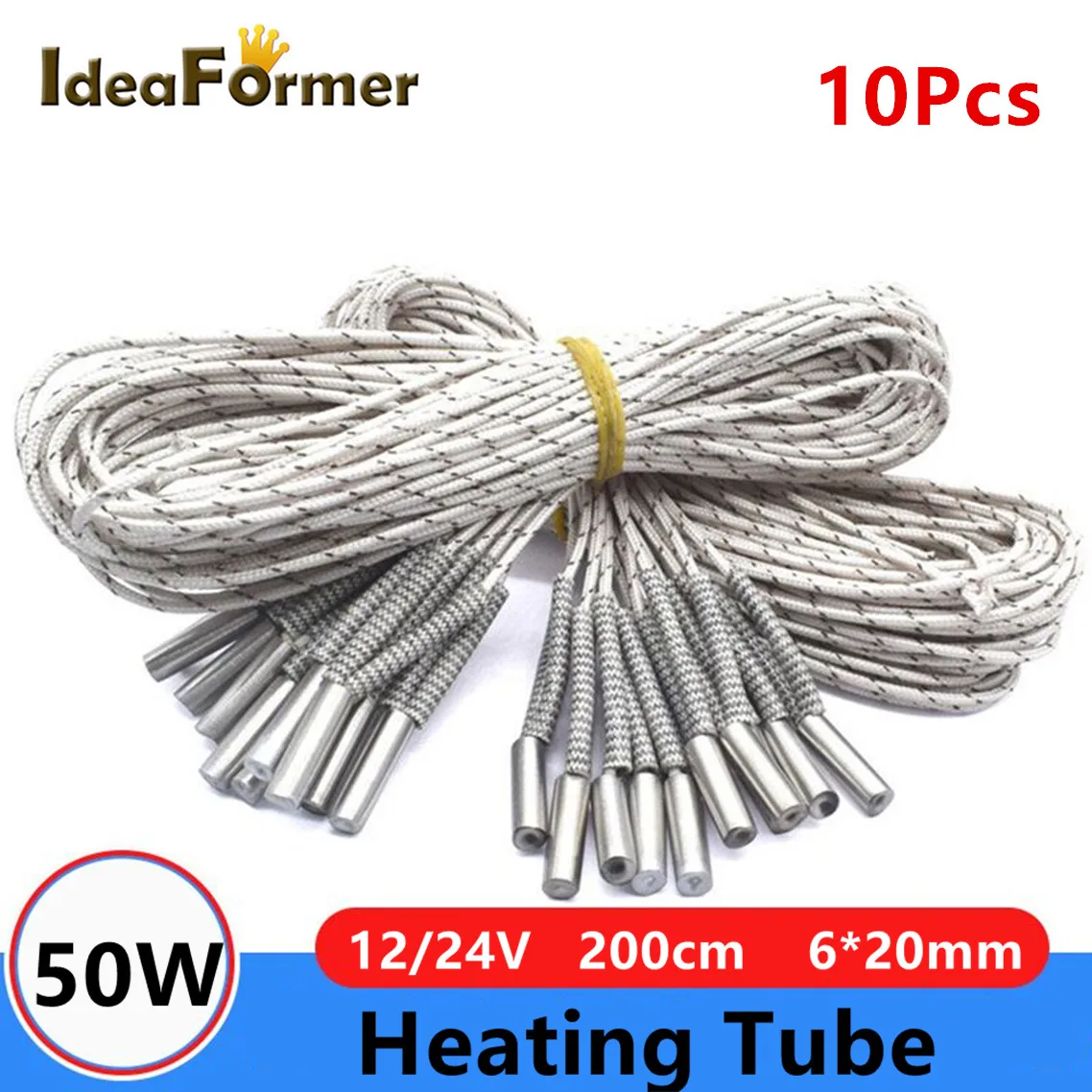 10Pcs Heating Tube 12/24V 50W Heater Cartridge 200cm Cable 6*20mm For High Temperature V6 Volcano MK8/9 Hotend 3d printer Parts 70w heating tube 3d printer heater cartridge 12v 24v 500℃ high temperature 6 20mm mk8 v6 hotend mk9 cr 10 heated parts heater