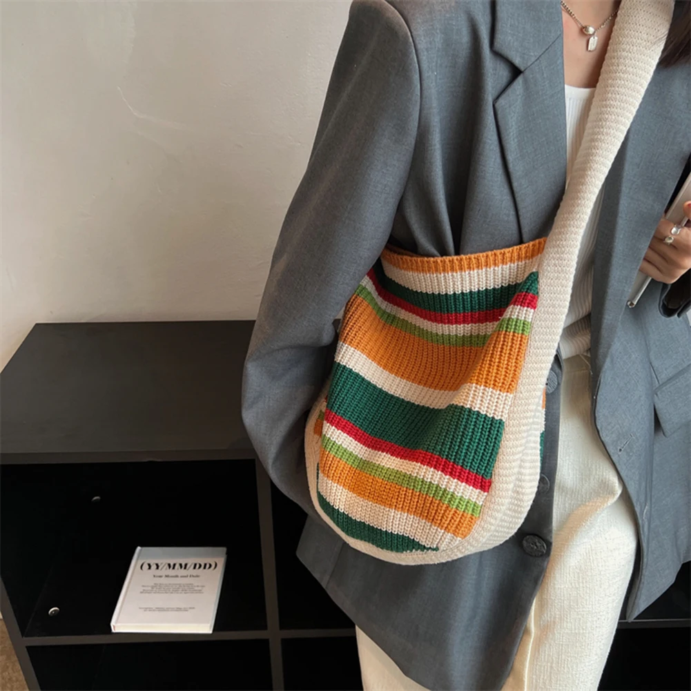Women Crocheted Shoulder Purse Large Capacity Knitted Stripe Bag Contrast Color Knitting Beach Bag Woven for Female Girls