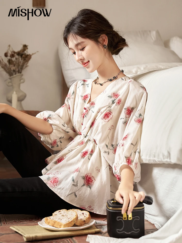 

MISHOW [Rose Series] Floaral Blouses for Women 2023 Autumn Batwing Sleeve Elastic Waist Three Quarter Elegant Tops MXC41X1282