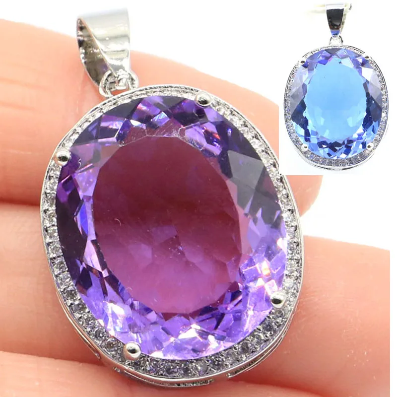Jewelry Set Big Oval Color Changing Alexandrite Topaz CZ Silver Pendant Earrings Ring 34x21mm 22x18mm