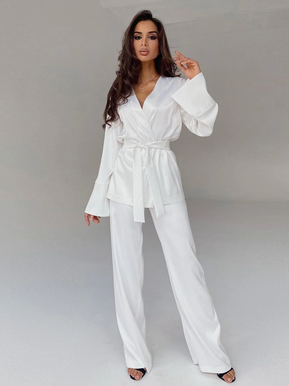 

2023 Solid Color Pajamas For Women Robe Sets Full Sleeves Women's Home Clothes Trouser Suits Satin Nightgowns Spring Loungewear