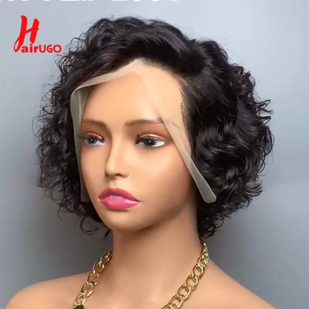 HairUGo encaracolado Pixie corte perucas de cabelo humano, laço transparente, frontal pré-arrancado, 12A