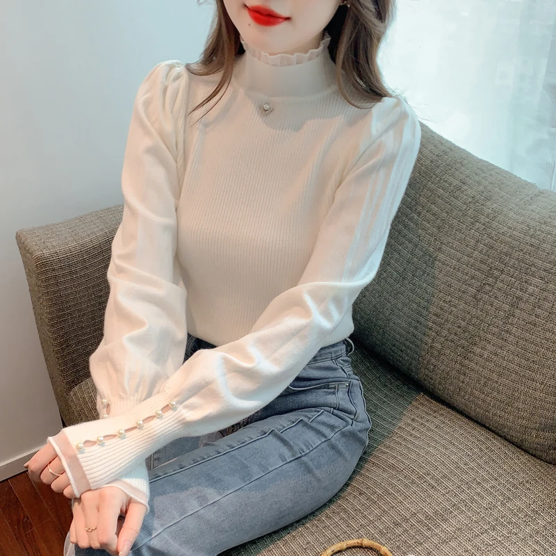 

2023 Autumn/Winter New Lantern Sleeves Long Sleeves Slim Fit Knitwear Bottom Shirt Middle Neck Bottom Shirt Sweater for Women