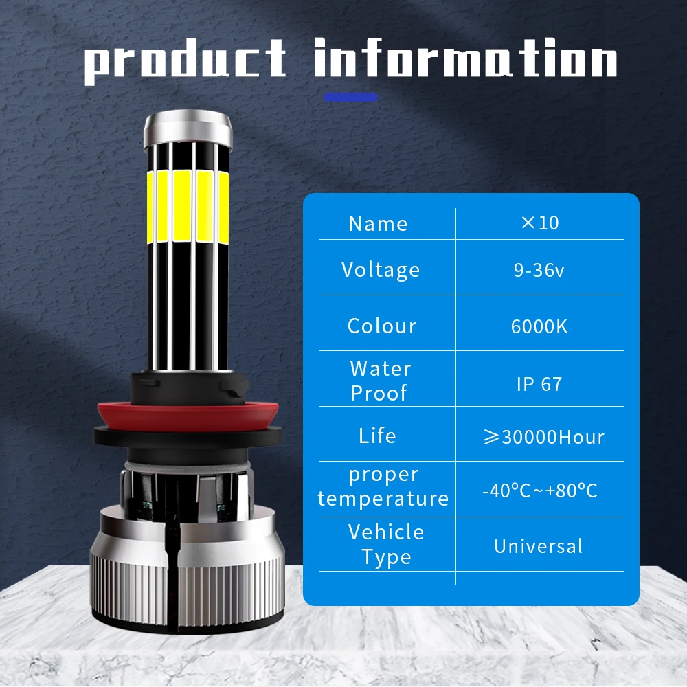 6000K 200W 880 9004 H8 H3 H7 H9 30000LM 9006 HB4 9005 HB3 H4 H11 H1 10 면 LED 헤드라이트 전구, 9V-30V 자동차 안개등 12V, 2 개