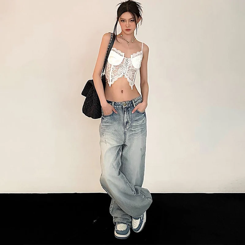 Y2K Retro Baggy Jeans Women Vintage Streetwear Oversized Denim Pants Skinny Hippie Straight Wide Leg Trousers Korean Style images - 6