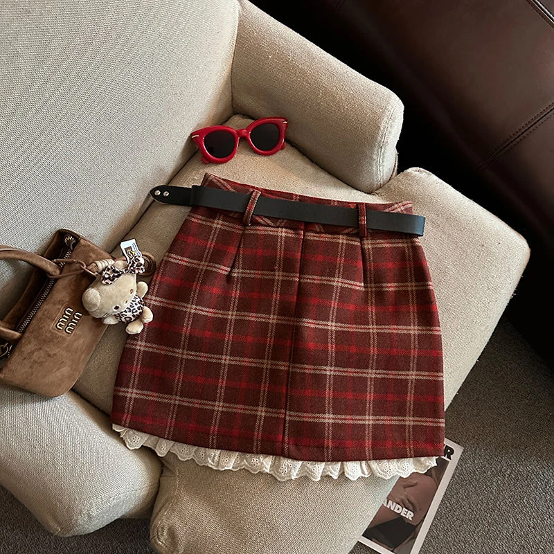 Lace Patchwork Plaid Mini Skirts Women Fall Winter High Waist No Belt Faux Wool Skirts Y2K Fashion Preppy All Match A Line Skirt