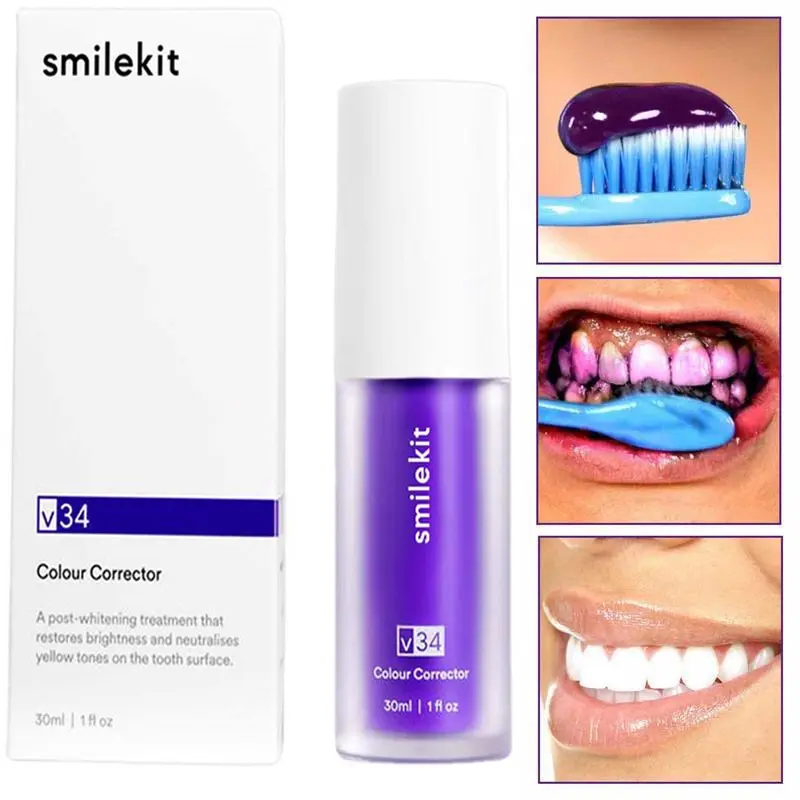 V34 Purple Toothpaste Whitening Remove Plaque Stains Dental Cleaning Teeth Color Corrector Serum Fresh Breath Dental Products teeth whitening mousse toothpaste remove plaque stains serum fresh shining bad breath tooth oral hygiene cleaning dental tools