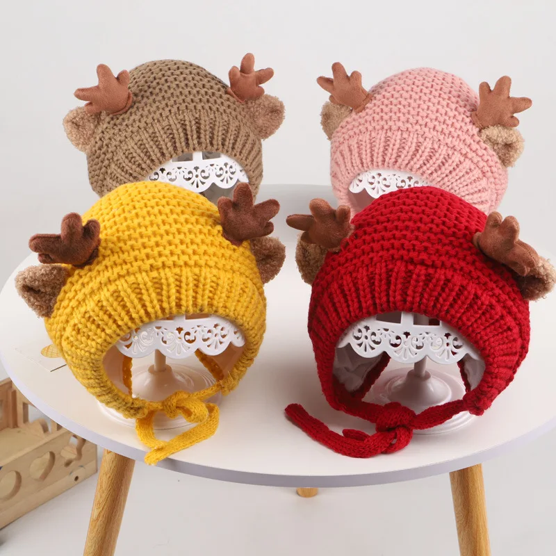 Cute Deer Elk Antlers Baby Hat Winter Autumn Warm Plush Knitted Ear Warmer Children Hat Bonnet Boys Girls Beanie Christmas Hats