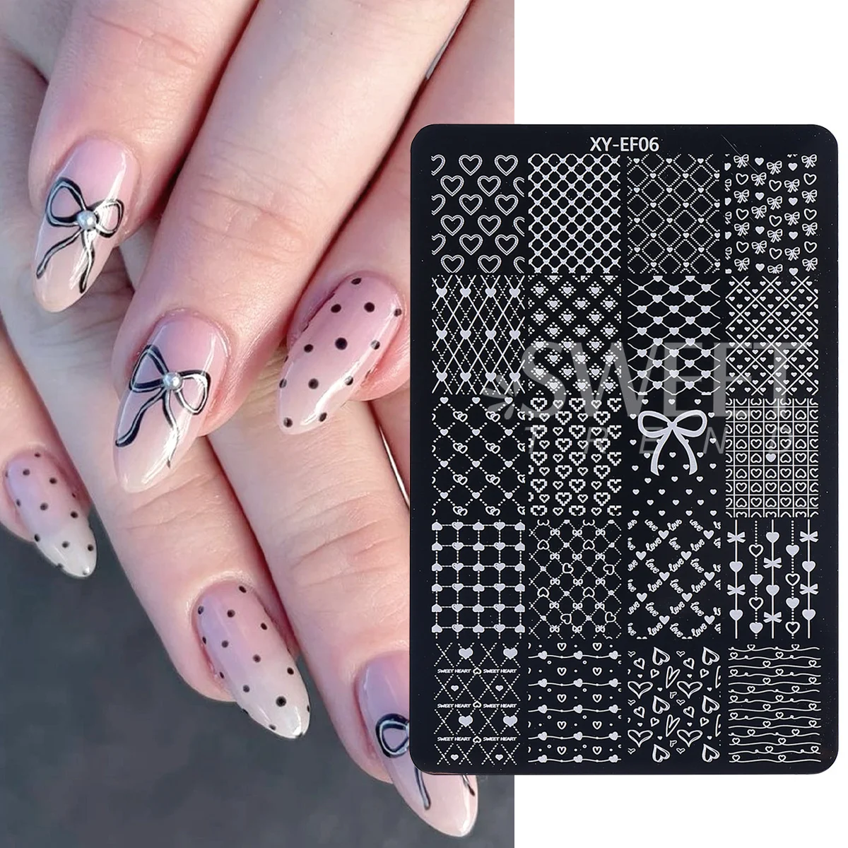 2pcs 사랑스러운 활 모양 네일 프린팅 템플릿 우아한 나비 레이스 격자 하트 웨딩 테마 전사 몰드 매니큐어 플레이트
