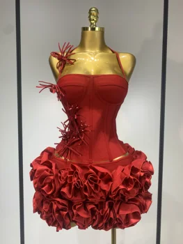 Women Fashion Sexy Halter Prom Gown Celebrity Club Two Piece Set Cocktail Elegant Luxury Birthday Party Red Black Bandage Outfit 1
