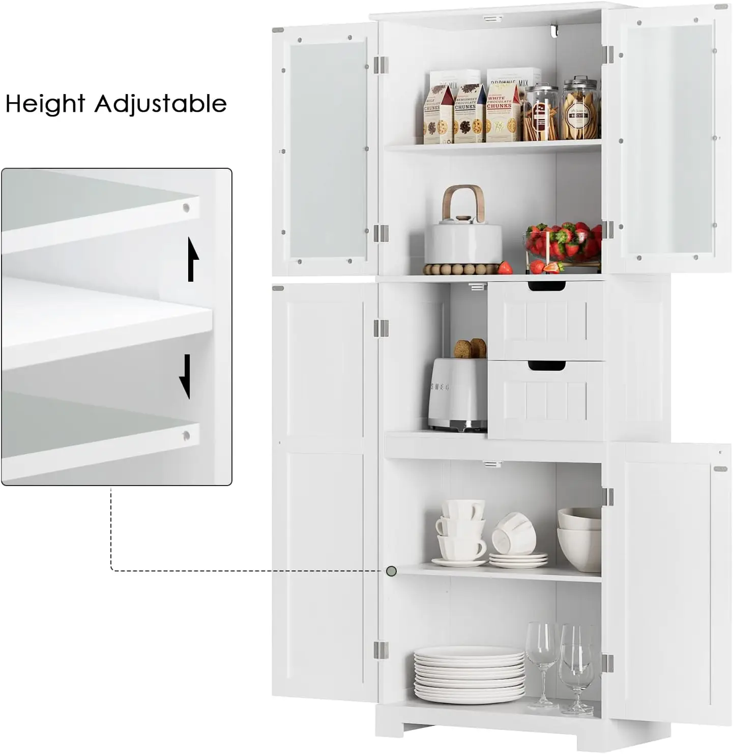 67'' Bathroom Storage Cabinet, Tall Storage Cabinet with Frosted 4 Doors and 2 Drawers, Kitchen Pantry with Adjustable Shelf