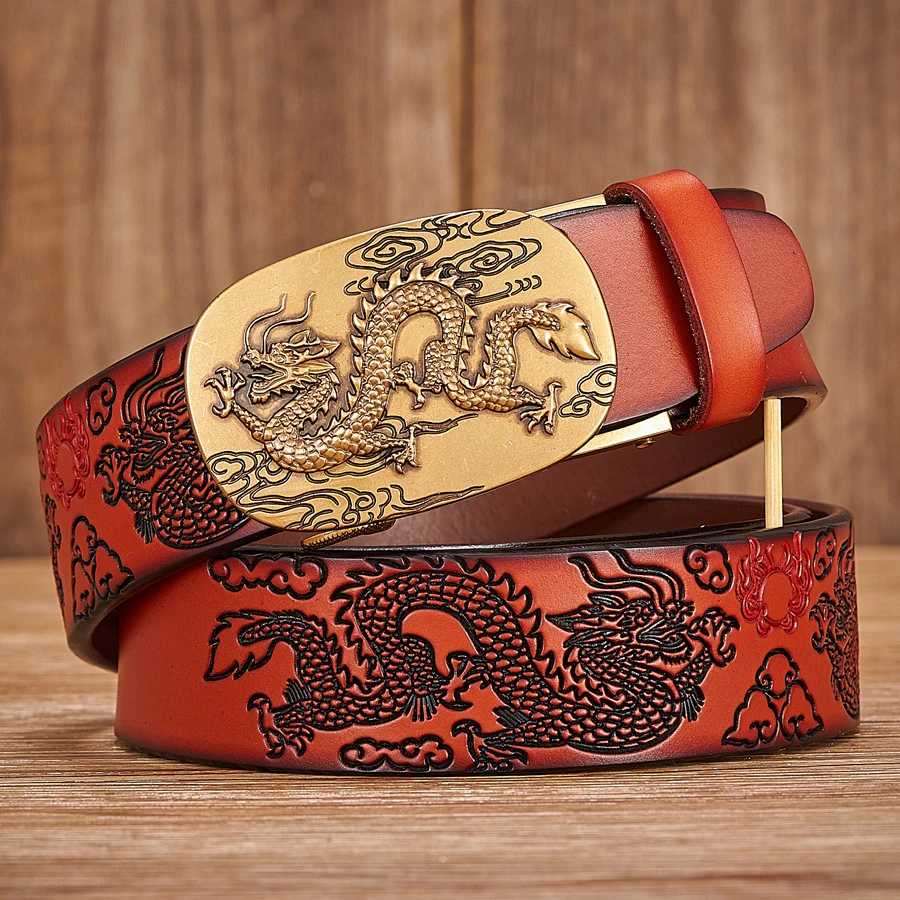 Male Genuine Leather Belts Casual Ratchet Belt with Automatic Buckle Luxury Design Dragon Pattern Belts for Business Men Strap