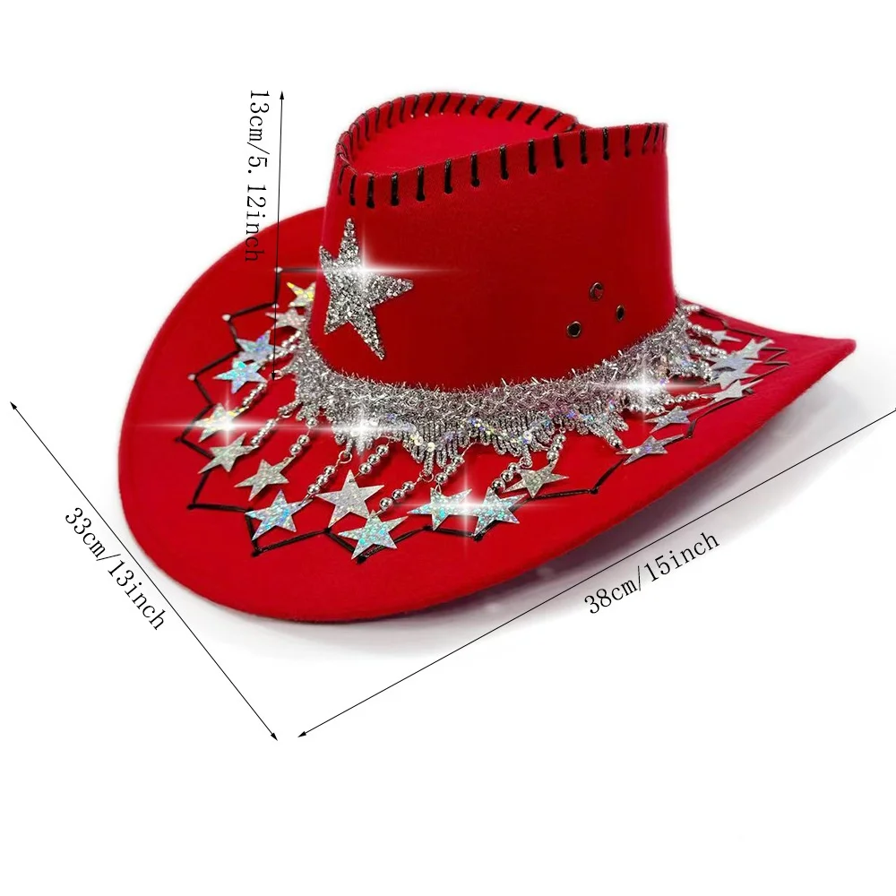 Red Suede Hat Sparkling Sequin Star Hat Western Cowboy Hat Western For Christmas Parties Birthday Celebrations Western Themed